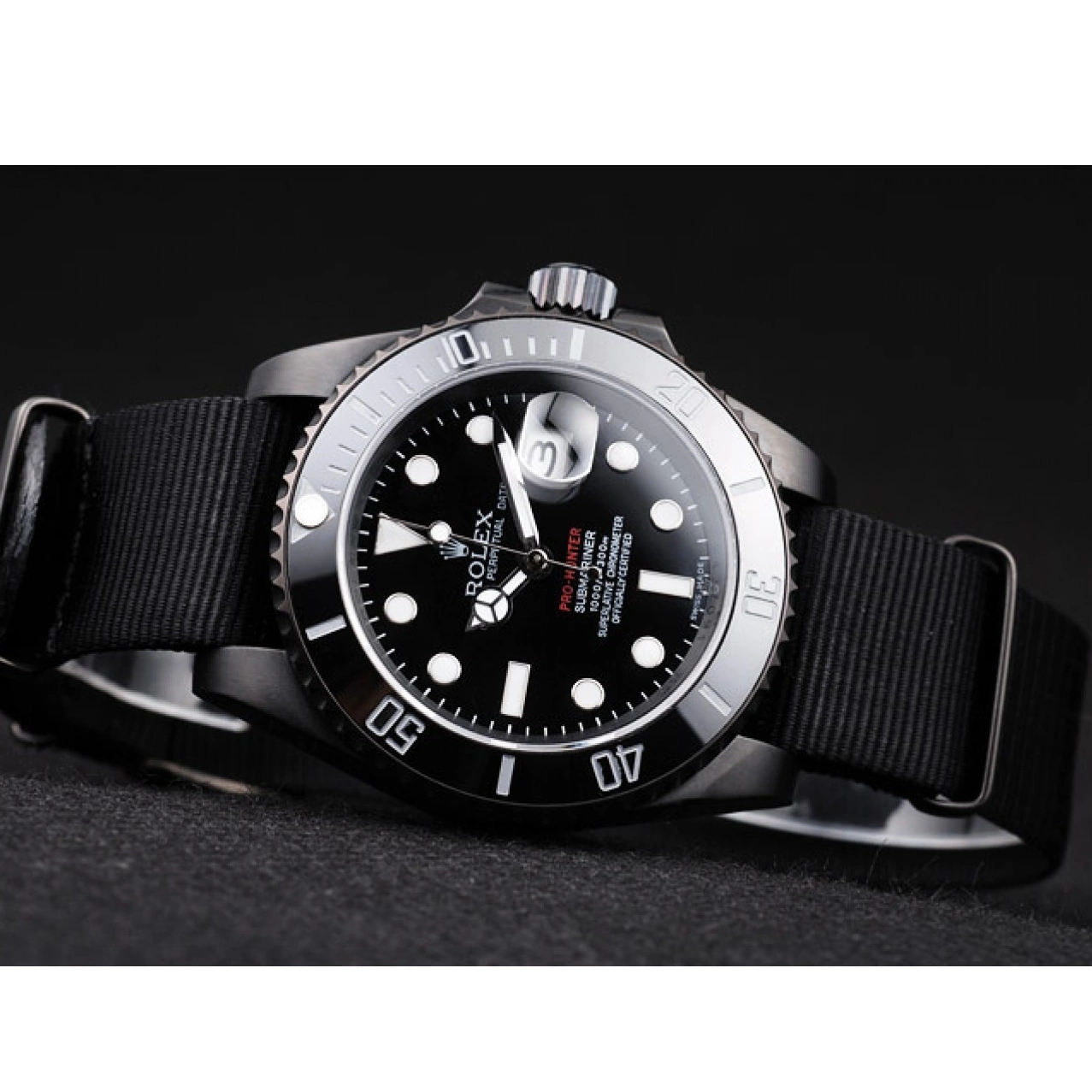 Good copy rolex watches Pro-Hunter Swiss Dial Black Rolex Submariner Black Strap Fabric 0701
